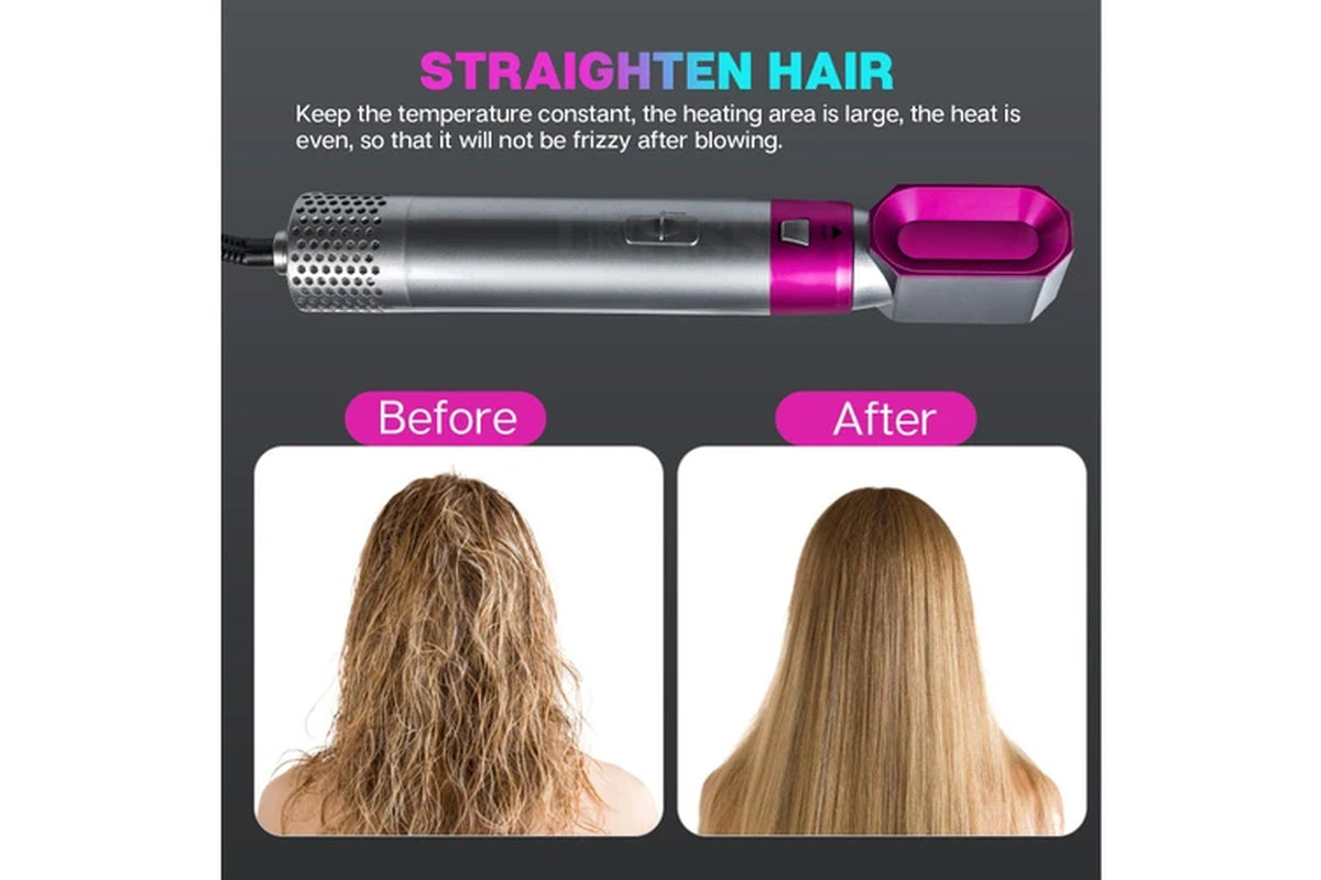 Electric Hair Straightener Hair Dryer 5 in 1 Curler Automatic Hair Straightener Hair Dryer Brush Dry and Wet Hair Curler Set - Pink