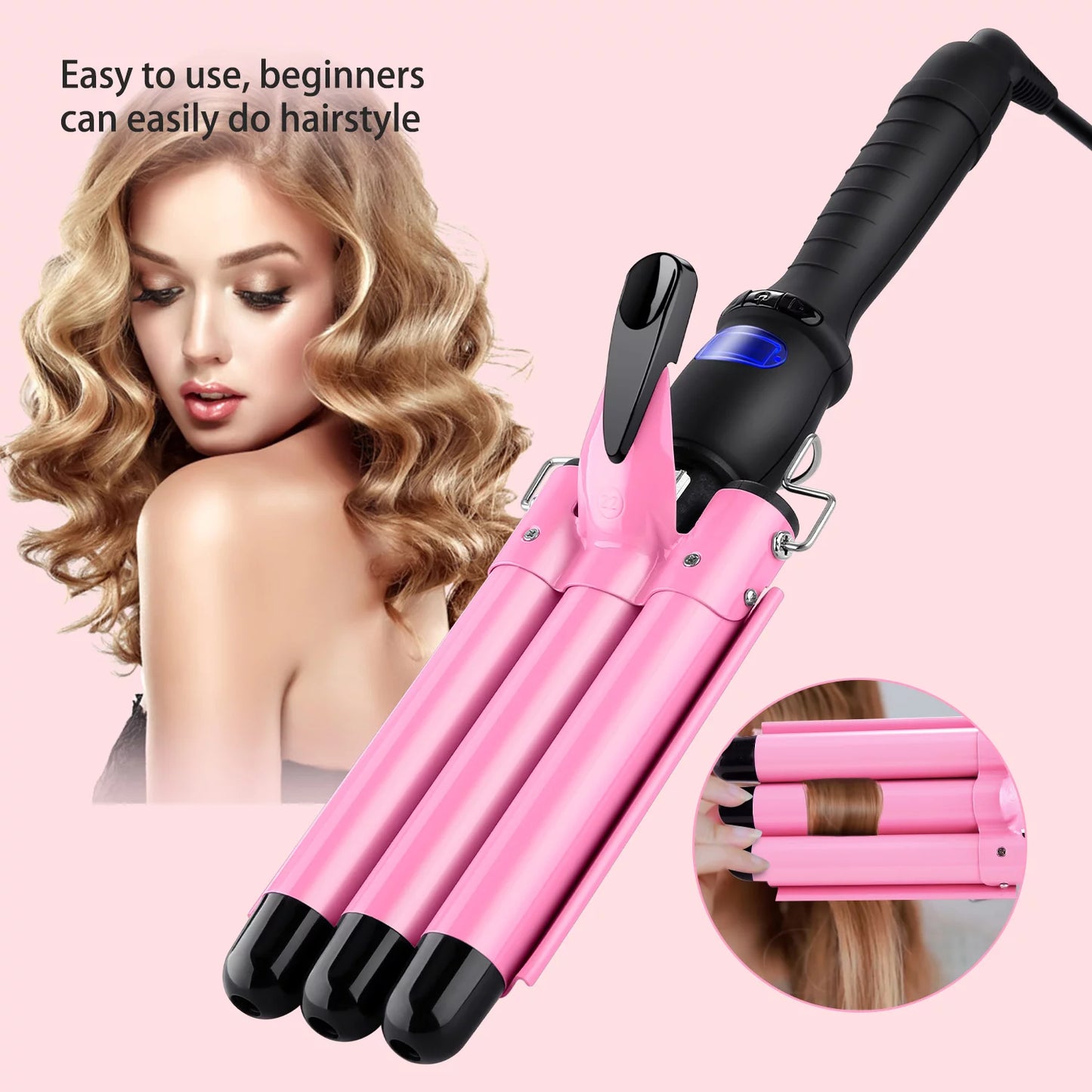 3 Barrel Curling Iron Wand,  1" Ceramic Triple Barrels Hair Crimper with LCD Display, Gift for Mother'S Day, Pink
