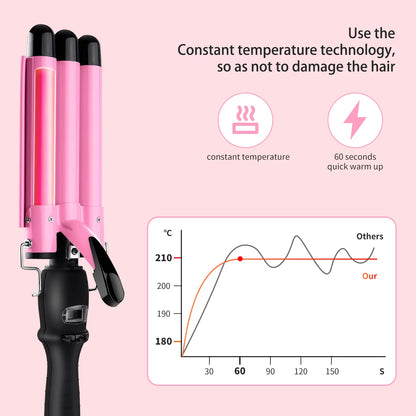 3 Barrel Curling Iron Wand,  1" Ceramic Triple Barrels Hair Crimper with LCD Display, Gift for Mother'S Day, Pink