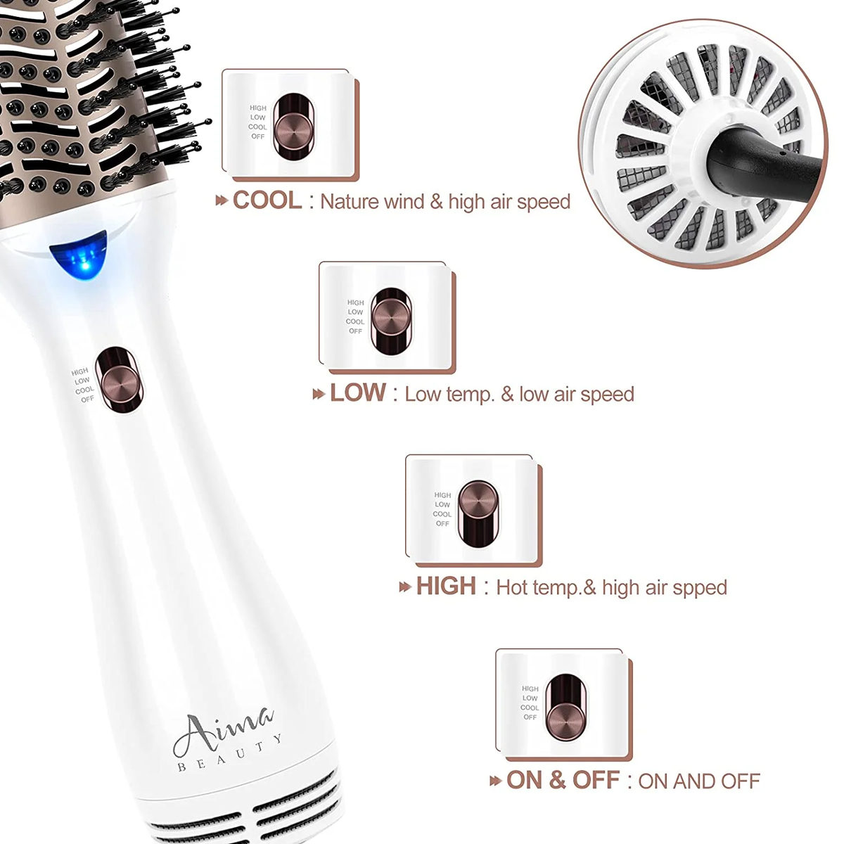 Hair Dryer Brush Blow Dryer in One,  Oval Hot Air Brush with Negative Ion&1100W, White