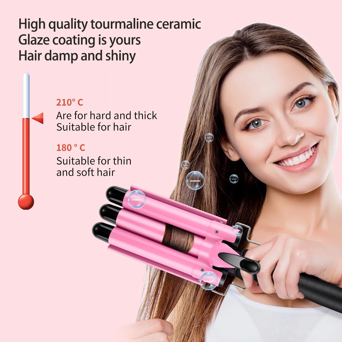 3 Barrel Curling Iron Wand,  1" Ceramic Triple Barrels Hair Crimper with LCD Display, Gift for Mother'S Day, Pink