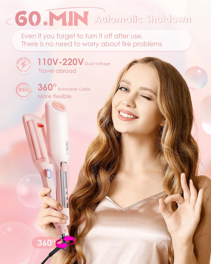 Waver Curling Iron Anti-Scald Hair Crimper,2 Barrel Ionic Wavy Hair Curler for Women,1.1In/28Mm Rapid Heating Curling Wand,Dual Voltage Hair Waver,Crimper Hair Iron for Wide Deep Waves