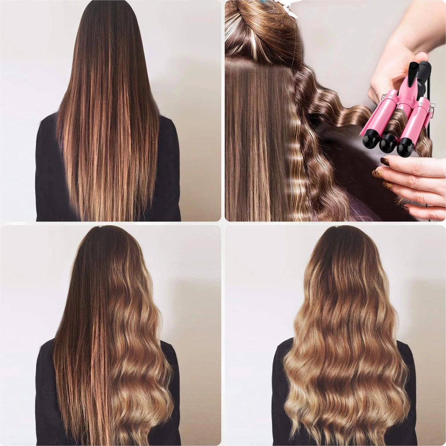 3 Barrel Curling Iron Wand,  1" Ceramic Triple Barrels Hair Crimper with LCD Display, Gift for Mother'S Day, Pink