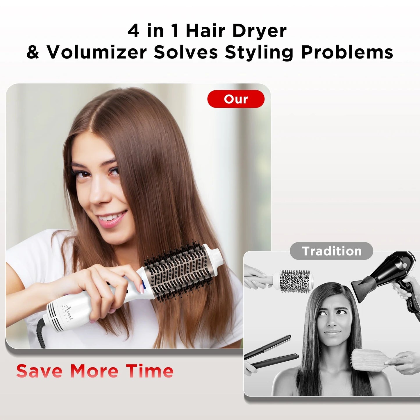 Hair Dryer Brush Blow Dryer in One,  Oval Hot Air Brush with Negative Ion&1100W, White