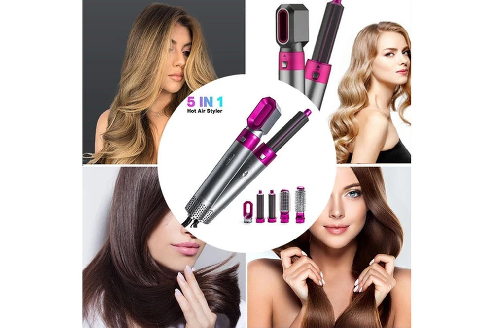 Electric Hair Straightener Hair Dryer 5 in 1 Curler Automatic Hair Straightener Hair Dryer Brush Dry and Wet Hair Curler Set - Pink