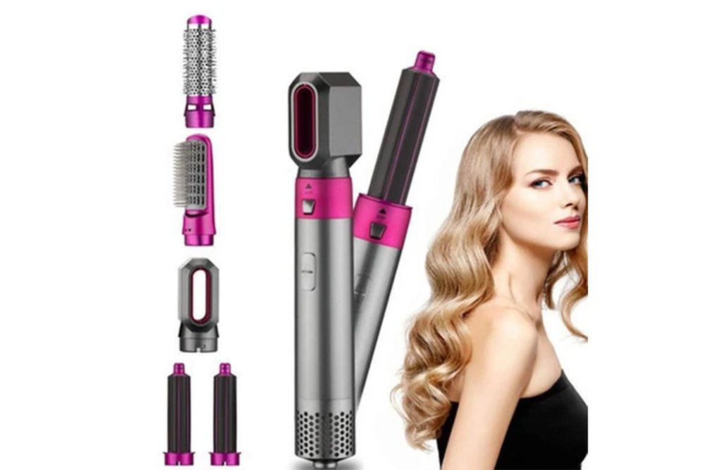 Electric Hair Straightener Hair Dryer 5 in 1 Curler Automatic Hair Straightener Hair Dryer Brush Dry and Wet Hair Curler Set - Pink