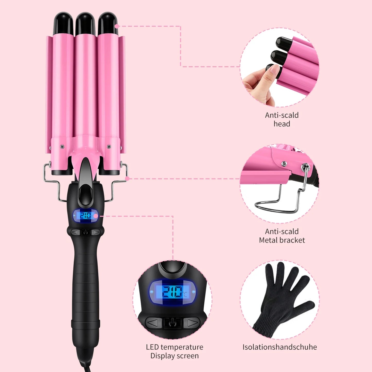 3 Barrel Curling Iron Wand,  1" Ceramic Triple Barrels Hair Crimper with LCD Display, Gift for Mother'S Day, Pink