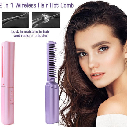 Rechargeable Mini Hair Straightener,Cordless Hair Straightener Brush, Portable Straightening Brush with Negative Ion,Hot Comb Hair Straightener for Women, Lightweight & Mini for Travel (Pink)