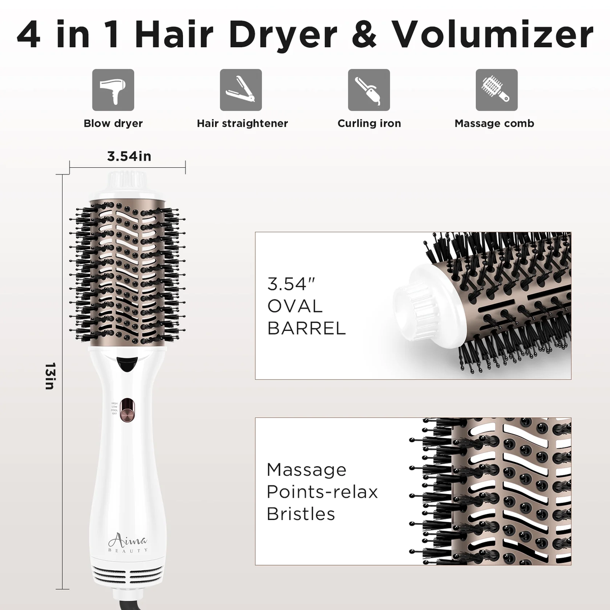 Hair Dryer Brush Blow Dryer in One,  Oval Hot Air Brush with Negative Ion&1100W, White