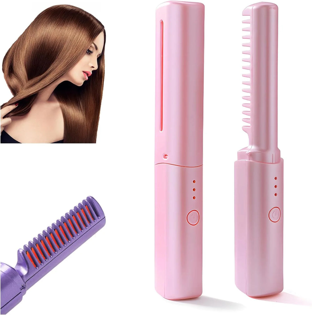 Rechargeable Mini Hair Straightener,Cordless Hair Straightener Brush, Portable Straightening Brush with Negative Ion,Hot Comb Hair Straightener for Women, Lightweight & Mini for Travel (Pink)
