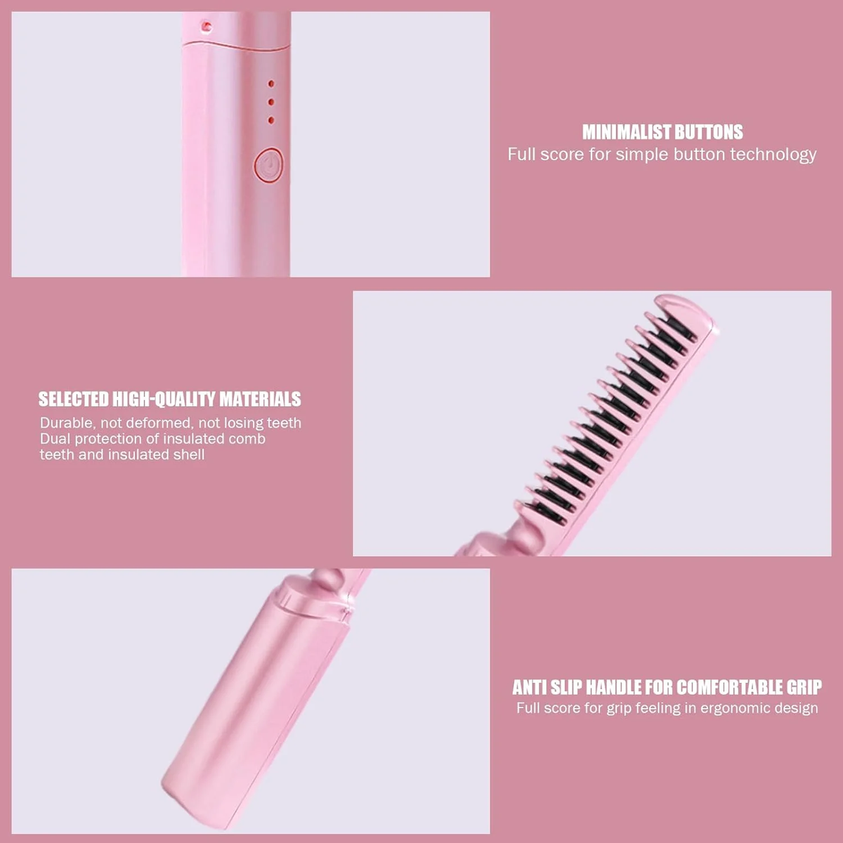 Rechargeable Mini Hair Straightener,Cordless Hair Straightener Brush, Portable Straightening Brush with Negative Ion,Hot Comb Hair Straightener for Women, Lightweight & Mini for Travel (Pink)