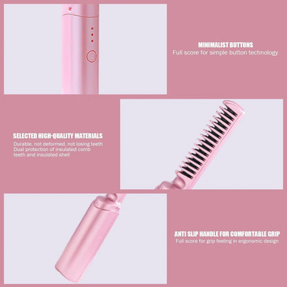 Rechargeable Mini Hair Straightener,Cordless Hair Straightener Brush, Portable Straightening Brush with Negative Ion,Hot Comb Hair Straightener for Women, Lightweight & Mini for Travel (Pink)